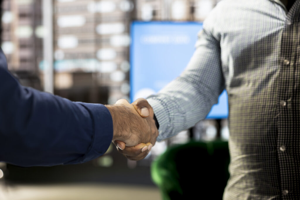 close up man talking office director doing handshake reaching agreement